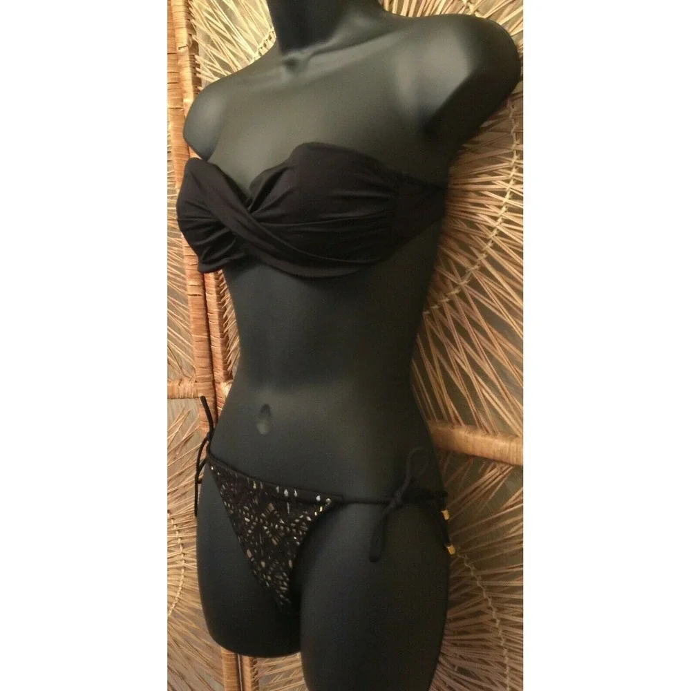 Victoria's Secret Womens Bikini Swimsuit Sz 34B/XS Black Gold Metallic‎ Cut Out